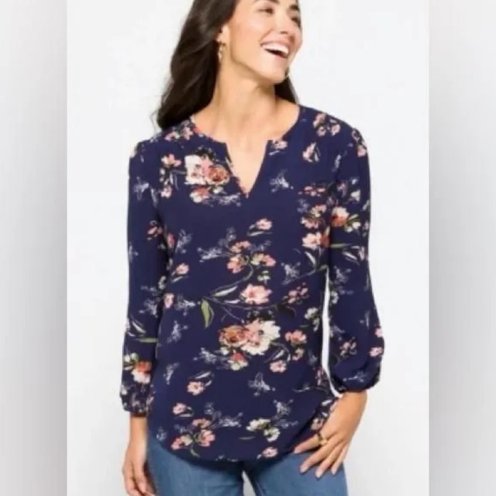 Fun2Fun Women's Stitch Fix Women's Floral Blouse Size S Navy Pink Long Sleeve